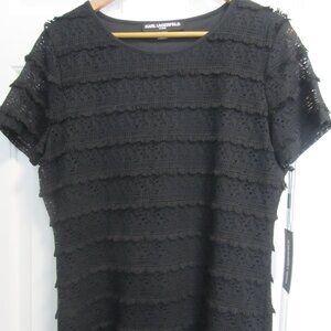 Karl Lagerfeld Paris BLACK Lace Frayed Lined Short Sleeve Top Shirt